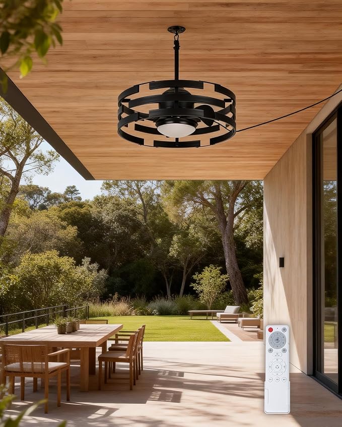 Roomratv 20" Outdoor Ceiling Fan with Light, Black Caged Ceiling Fan with Remote,Modern Enclosed Hanging Fan,IP65 Waterproof Plug in Fan for Gazebos, Patios and Porches