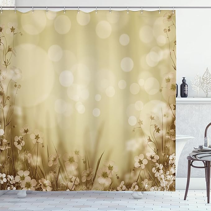 Ambesonne Flower Shower Curtain, Blossom Field with Fresh Grass Soft Springtime Blurred Illustration, Cloth Fabric Bathroom Decor Set with Hooks, 69" W x 84" L, Dark Khaki
