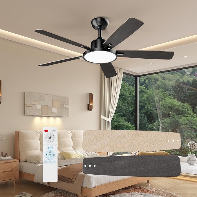 TALOYA 52 Inch Black Walnut Ceiling Fans with Lights Led Back Light Remote Control Flush Mount Low Profile for Bedroom Living Room Outdoor Patio,Reversible,DC Motor,3 Color Temperatures,5 Blades