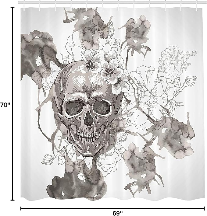 Ambesonne Day of The Dead Shower Curtain, Painting Skull Flowers Dia de Los Muertos Designed Print, Cloth Fabric Bathroom Decor Set with Hooks, 69" W x 70" L, Dimgrey and White