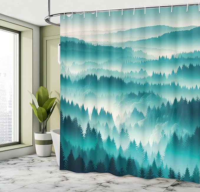 Ambesonne Turquoise Shower Curtain, Green Tones Misty Woodland Scenery Featuring Mountain Range Landscape, Cloth Fabric Bathroom Decor Set with Hooks, 69" W x 75" L, Dark Seafoam Dark Teal
