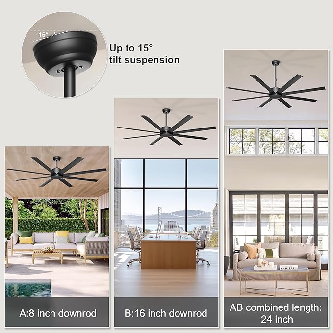 Ohniyou 72" Black Industrial Ceiling Fans No Lights for Shops, Garages | Remote & APP Control, Reversible DC Motor, 8 Aluminum Blades, Covered Outdoor Metal Fan