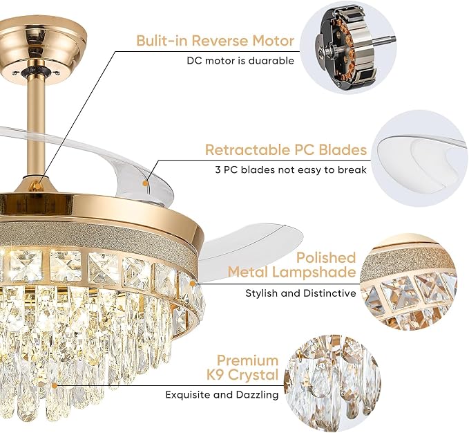 48 Inch Chandelier Ceiling Fans with Lights, Retractable Ceiling Fan with Lights, Crystal Fandelier Ceiling Fan for Bedroom Living Room, LED Dimmable, 6 Wind Speed,3 Color Temperatures-Gold