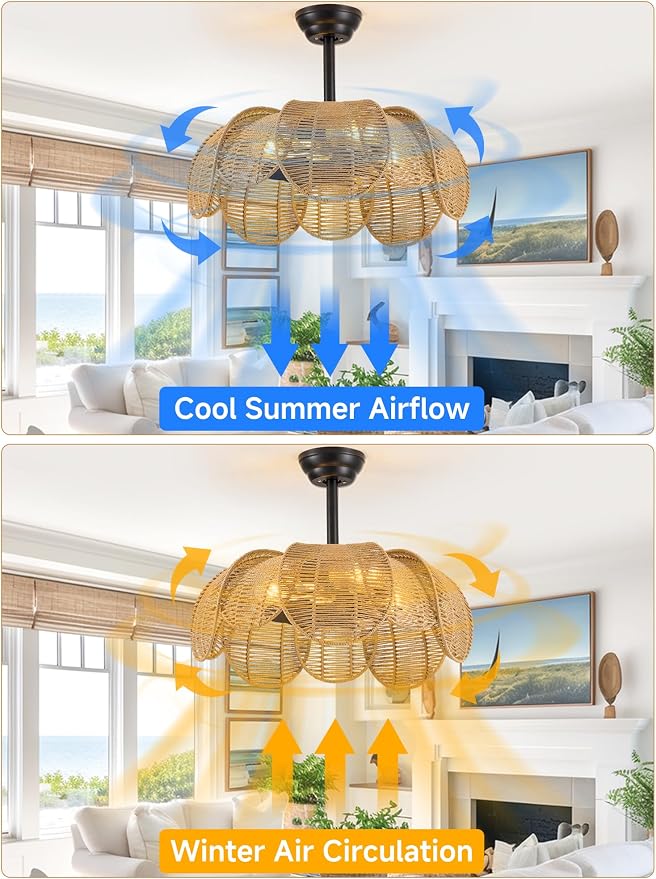26" Boho Ceiling Fans with Lights and Remote,Black Handwoven Rattan Fandelier with 6 Speeds Timing for Kitchen Island,Dining Room,Living Room,Nursery