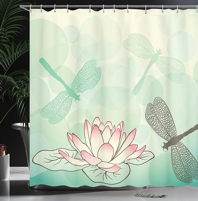 Ambesonne Lotus Flower Shower Curtain, Exotic Blossom Pinkish Petals Water Lily and Dragonflies on Pale Backdrop, Cloth Fabric Bathroom Decor Set with Hooks, 69" W x 75" L, Seafoam Ivory