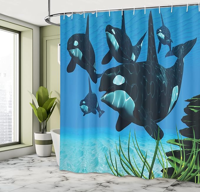 Ambesonne Whale Shower Curtain, Pod of Killer Whales Swim Along a Reef Looking for Fish Prey Ocean Picture Print, Cloth Fabric Bathroom Decor Set with Hooks, 69" W x 70" L, Sky Blue Green