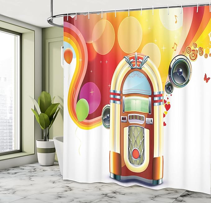 Ambesonne 1950s Shower Curtain, Party Abstract with Detailed Classic Juke Box Celebration Colored Cheerful Fun Event, Cloth Fabric Bathroom Decor Set with Hooks, 69" W x 84" L, Yellow Red