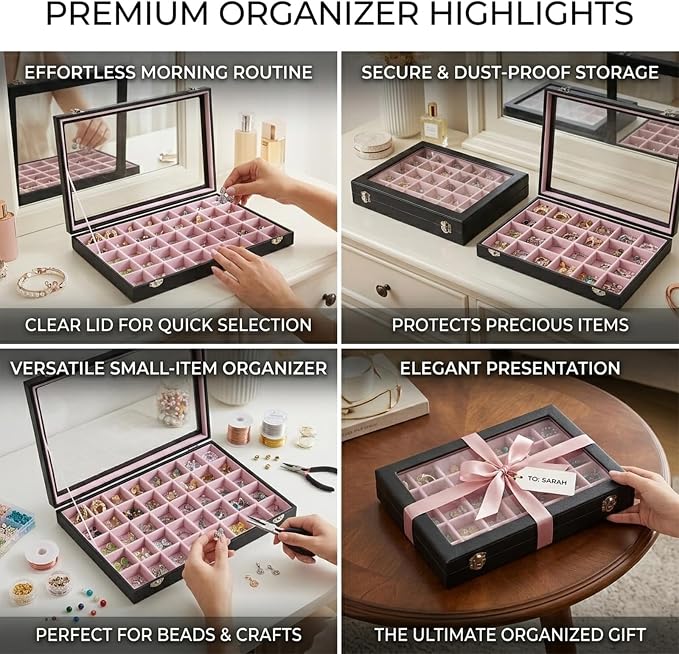 Stratalife 12 Grid Bracelet Jewelry Box, Bangle Holder Organizer with Lid | PU Leather Storage Box for Earring, Ring, Studs and Trinkets, Soft Velvet Drawer Organizer for Women, Dustproof, Pink Black