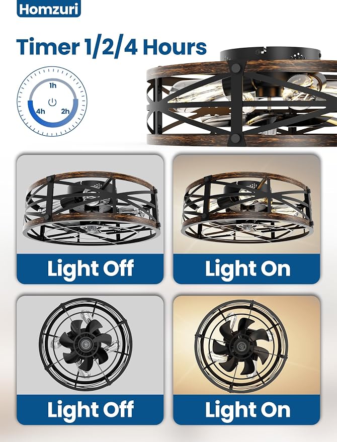 20" Caged Ceiling Fan with Light and Remote App Control, Rustic Round Flush Mount Low Profile Ceiling Fandelier Lights, 6 Speed and Reversible, Farmhouse Industrial Style for Bedroom, Kitchen
