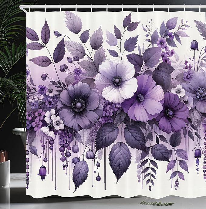 Ambesonne Purple Shower Curtain, Cascade Leafy Floral Huddle with Dreamy Aura Celestial Jungle Art Boho, Cloth Fabric Bathroom Decor Set with Hooks, 69" W x 70" L, Mauve Indigo and White