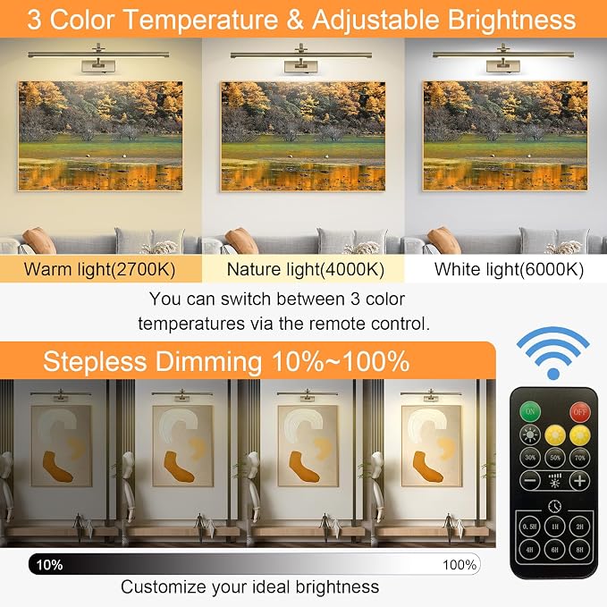 Tassuowell Antique Bronze Picture Light, 23.6 Inch Remote Control Painting Lights for Wall Cordless, 3CCT Dimmable Wall Lights for Pictures, Rechargeable Art Light for Pictures On Wall with Timer