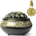 Ceramic Incense Burner, Bowl Burner,Cone Incense Burner with Brass lid for use with Stick or Cone-Shaped Incense，Lotus Incense Stick Holder Calabash Incense Stick Holder, 3pc (Fambe White)