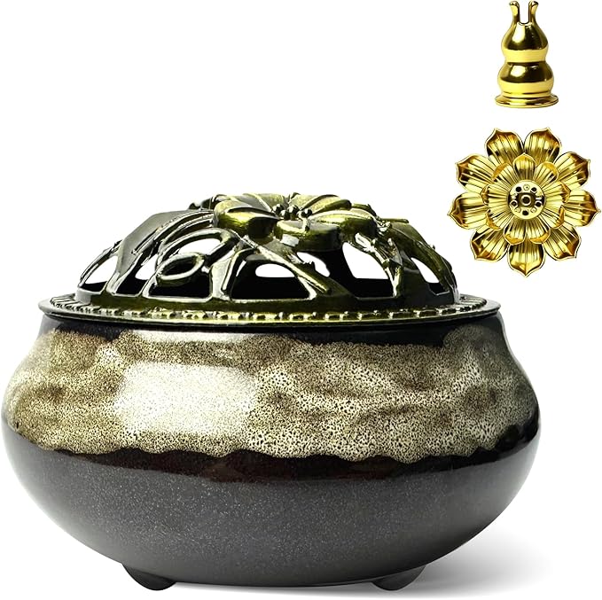 Ceramic Incense Burner, Bowl Burner,Cone Incense Burner with Brass lid for use with Stick or Cone-Shaped Incense，Lotus Incense Stick Holder Calabash Incense Stick Holder, 3pc (Fambe White)