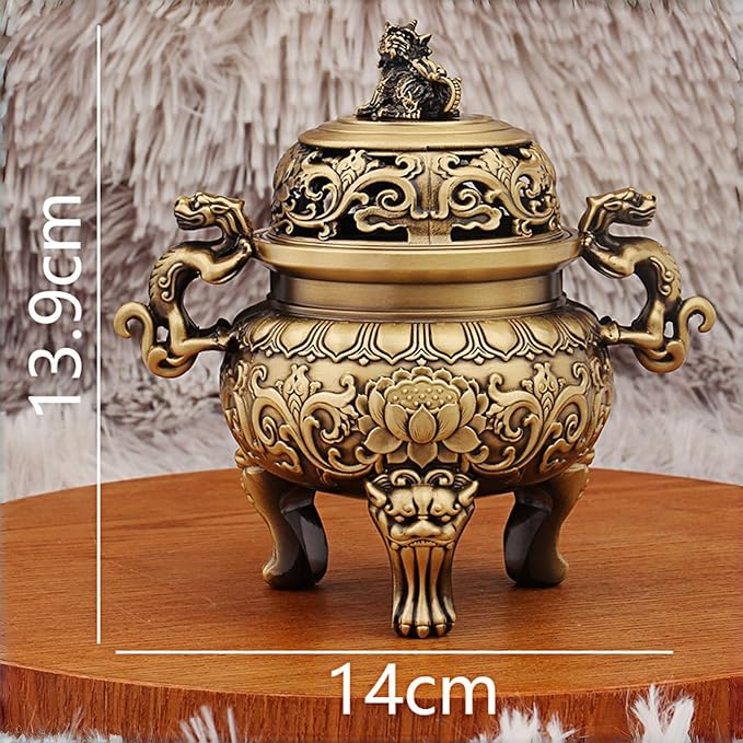 Antique Chinese Brass Incense Burner & Censer – Handmade Solid Brass with Fu Lion Foo Dog Lid, Feng Shui for Zen Meditation, Altar, Home Office Decor (5.5in, 670g), Harmony & Peace