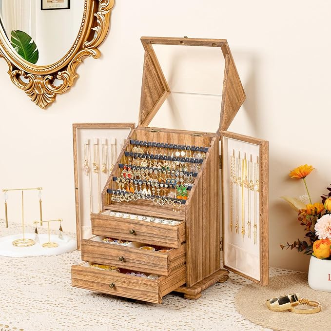 Jewelry Box Organizer, Rustic Wooden Jewelry Boxes for Women Girls, Large Storage Earring Holder Organizer Display for Earrings Necklaces Rings Bracelets (Rustic Brown)