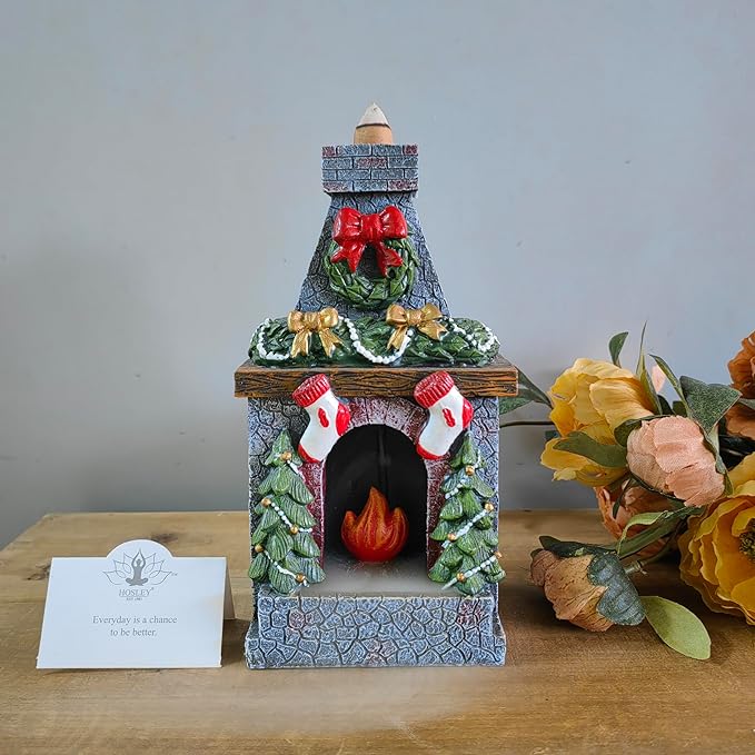 Hosley Resin Backflow Incense Holder and Burner - 7 Inch Christmas Fireplace Smoke Fountain Statue for Home Decor with 20 Apple Cinnamon Cones, Ideal for Meditation, and Relaxation