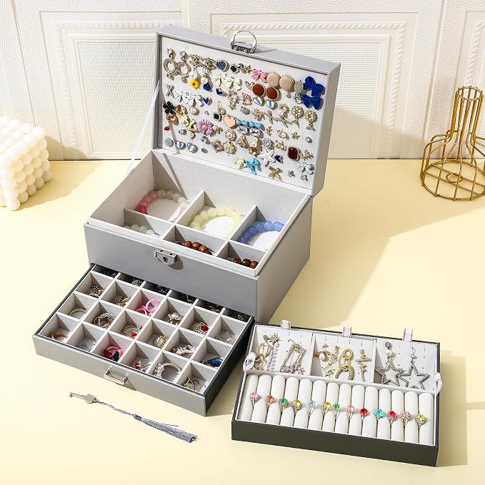 BOOVO Large Jewelry Boxes For Women (grey) | 5 Layers Jewelry Organizer Box With Cosmetic Storage Drawer, Necklace Ring Jewelry Organizer Box
