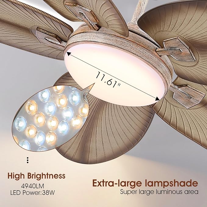 62"Large Unique Tropical Style Palm Leaf Ceiling Fans with Lights & Remote | Super Large Airflow with 6 Wind Speeds,Reversible,3 LED Light Colors,50W Quiet DC Motor,4H Timer,Suits for Living Room Patio