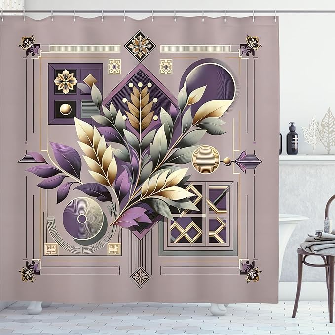 Ambesonne Botany Shower Curtain, Leafy Branches with Mid Century Geometric Shapes Retro and Modern Aura, Cloth Fabric Bathroom Decor Set with Hooks, 69" W x 70" L, Mauve Taupe and Eggplant