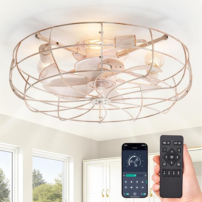 LEDIARY 23" Large Caged Ceiling Fans with Lights, White Flush Mount Low Profile Ceiling Fan with Remote, Modern Farmhouse Industrial Ceiling Fan with Light for Bedroom, Kitchen, Dining Room, Indoor