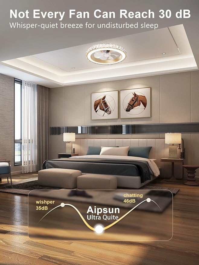 Aipsun Low Profile Modern Crystal Chandelier Ceiling Fans with Lights and Remote, 3000K-6500K Smart Bladeless LED Fan Light, 18" Gold Modern Ceiling Fans with Lights for Bedroom