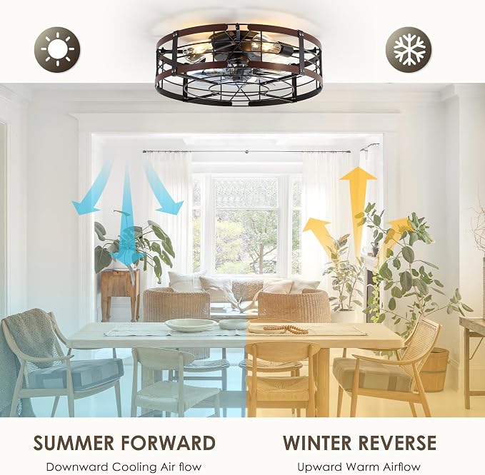 ZYD 20" Caged Ceiling Fan with Light, Farmhouse Cieling Fan with Quiet DC Motor, Rustic Metal Cage with Wood Grain Accent, Ideal for Bedroom, Living Room, Kitchen, Dining Room, Cafés, Restaurants