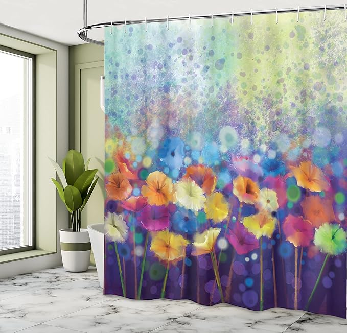 Ambesonne Spring Shower Curtain, Abstract Floral Petals in Misty Tones Daisy Gerbera Dandelion Blossom Meadow Paint, Cloth Fabric Bathroom Decor Set with Hooks, 69" W x 75" L, Purple Mint