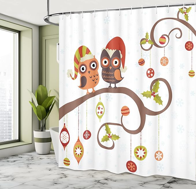 Ambesonne Christmas Shower Curtain, Owls on Celebrating Twiggy Tree Branches Annual Yule Noel Christmas Themed Print, Cloth Fabric Bathroom Decor Set with Hooks, 69" W x 75" L, Brown Red