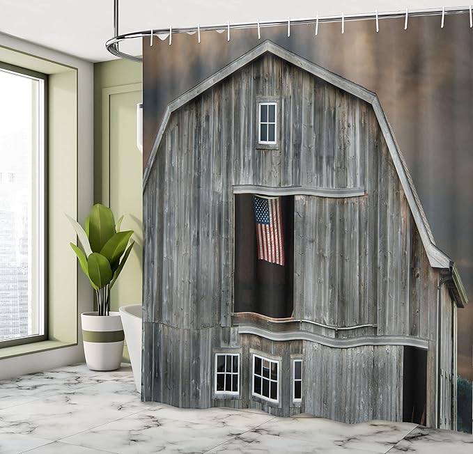 Ambesonne American Flag Shower Curtain, American Flag Flying in Hayloft Window Wooden Old House Dark Evening View, Cloth Fabric Bathroom Decor Set with Hooks, 69" W x 70" L, Dark Grey