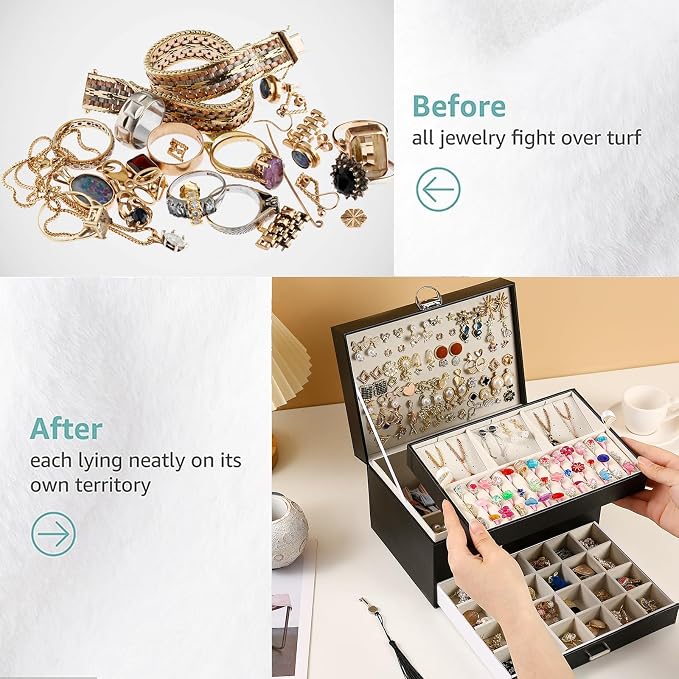 BOOVO Large Jewelry Boxes For Women (Black) | 5 Layers Jewelry Organizer Box With Cosmetic Storage Drawer, Necklace Ring Jewelry Organizer Box