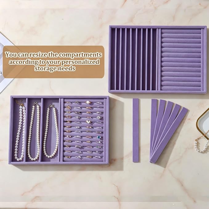 Large Velvet Jewelry Tray 2 Pack Stackable Jewelry Display Drawer Inserts Trays Organizer for Earring Bracelet Necklace Ring (Purple, Ring and 9 Grids)