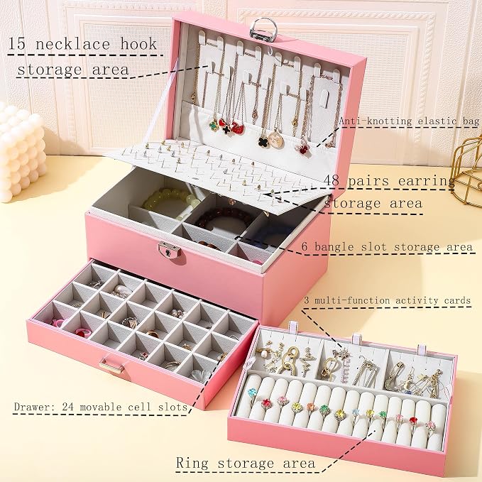 BOOVO Large Jewelry Boxes For Women (Pink) | 5 Layers Jewelry Organizer Box With Cosmetic Storage Drawer, Necklace Ring Jewelry Organizer Box