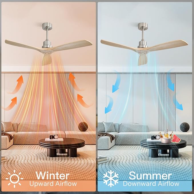 Sofucor Smart Ceiling Fan no Lights, 52" Low Profile Wood Ceiling Fans with Remote, Compatible with Alexa/Google/App, for Bedroom Living Room Patio Outdoor