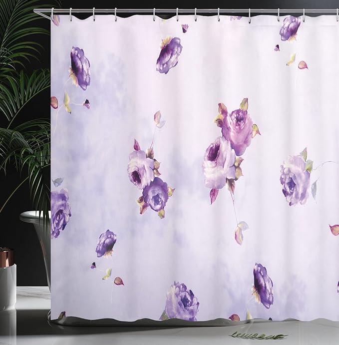 Ambesonne Rose Shower Curtain, Floral Pattern with Mauve Roses in Purple Color Dreamy Clouds Retro Soft Pale Art, Cloth Fabric Bathroom Decor Set with Hooks, 69" W x 75" L, Violet Lilac