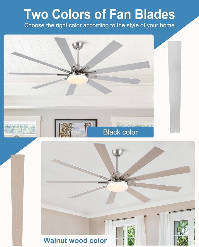 POCHFAN 72 Inch Ceiling Fans with Lights,Large Modern Ceiling fan with Remote and 9 Wooden Blades,Dimmable,6 Speeds,Noiseless Reversible Indoor&Outdoor Fan for Bedroom,Patio,Living Room