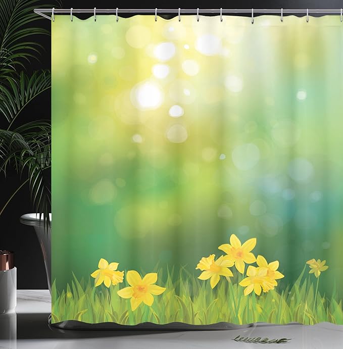 Ambesonne Daffodils Shower Curtain, Fresh Daffodil Flowers on Spring Sun Beams Blurred Background Print, Cloth Fabric Bathroom Decor Set with Hooks, 69" W x 70" L, Mustard Green