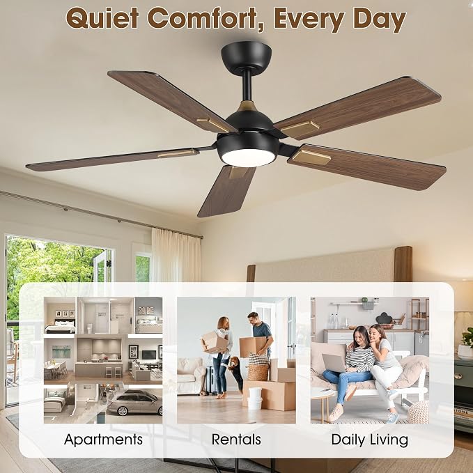 52 Inch Ceiling Fan with Lights and Remote, DC Motor Quiet 6-Speed Reversible Fan, Dimmable LED 3000K/4000K/6000K, Smart APP Control, Modern Black & Gold Ceiling Fan for Bedroom Living Room