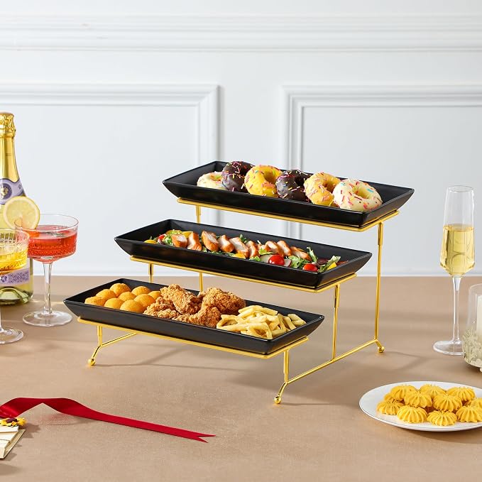 MALACASA 3 Tier Serving Trays for Party, 14 Inch Porcelain Black Trays for Serving Food, Dessert Stand with Collapsible Gold Metal Rack | Tiered Serving Stand for Party, Fruit Tray, Trays for Serving Food, Dessert Stand with Collapsible Sturdier Gold M...