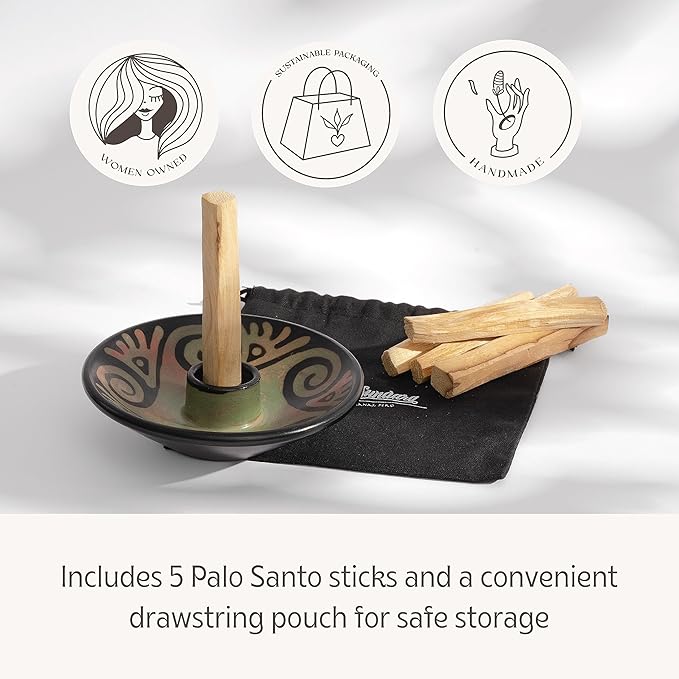 Palo Santo Holder with 5 Sticks - Luna Sundara Handmade Ceramic Incense Burner - Green Chulucanas Pottery from Peru - Smudge Bowl for Sage - Aromatherapy Gift Set