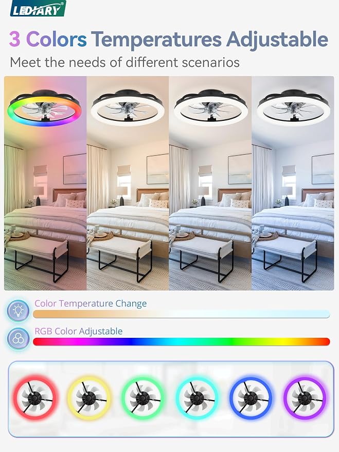 LEDIARY RGB Low Profile Ceiling Fans with Lights and Remote, 20 Inch Dimmable Modern Fan Light(3000K-6000K), 6 Speed, Reversible, APP & Remote Control, Flush Mount Ceiling Fan for Bedroom, Black