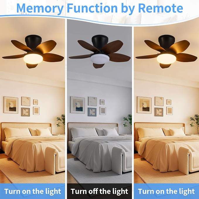 25" Small Ceiling Fans with Lights & Remote,Flush Mount Reversible 6 Speeds | 5 Blades, Adjustable Color Temperature, Dimmable, Timer, Low Noise for Bedroom, Kitchen, Study, Laundry Room, Brown