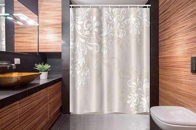 Ambesonne Oriental Stall Shower Curtain, Floral Ivy Swirls and Leaves Abstract Modern Frame Like Artwork Image, Fabric Bathroom Decor Set with Hooks, 54" W x 78" L, White Cream
