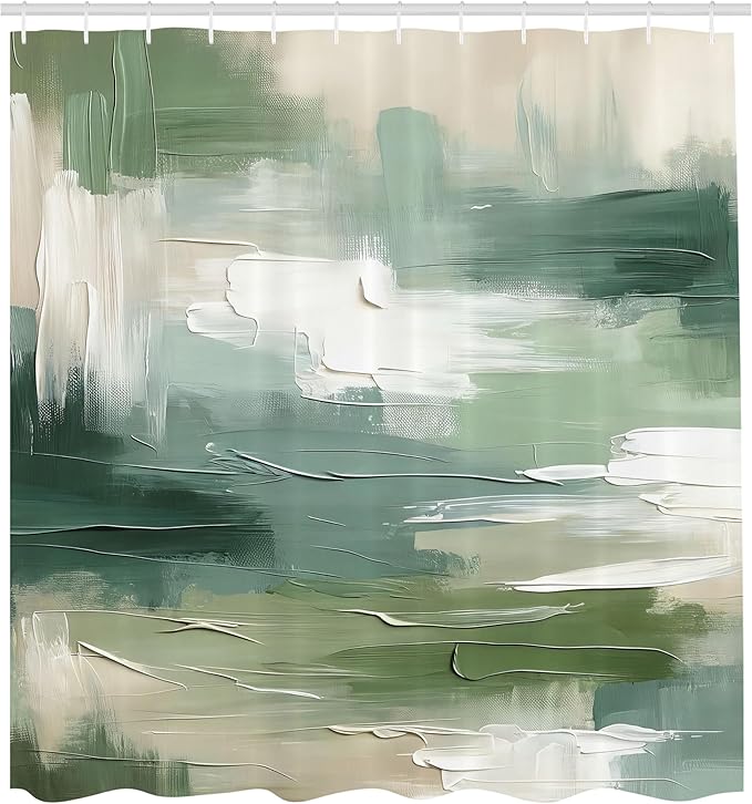 Ambesonne Green Shower Curtain, Abstract Design Brush Strokes Look Print with Pastel Tones Celtic Tones, Cloth Fabric Bathroom Decor Set with Hooks, 69" W x 75" L, Slate Brown White Teal
