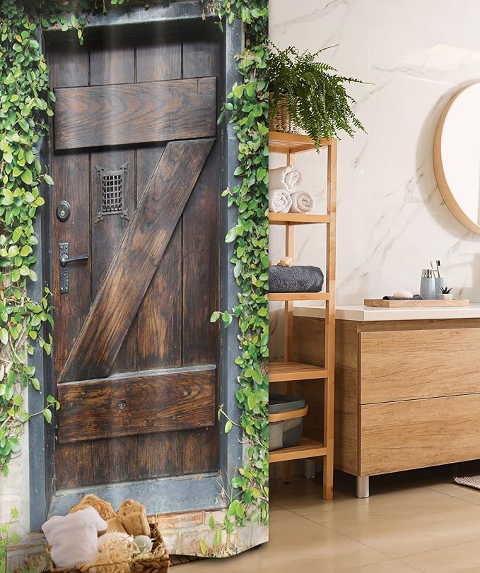 Ambesonne Rustic Stall Shower Curtain, Small Spanish Style Dark Stained Wood Door Secret Garden with Grated Window Picture, Fabric Bathroom Decor Set with Hooks, 36" W x 72" L, Brown Green