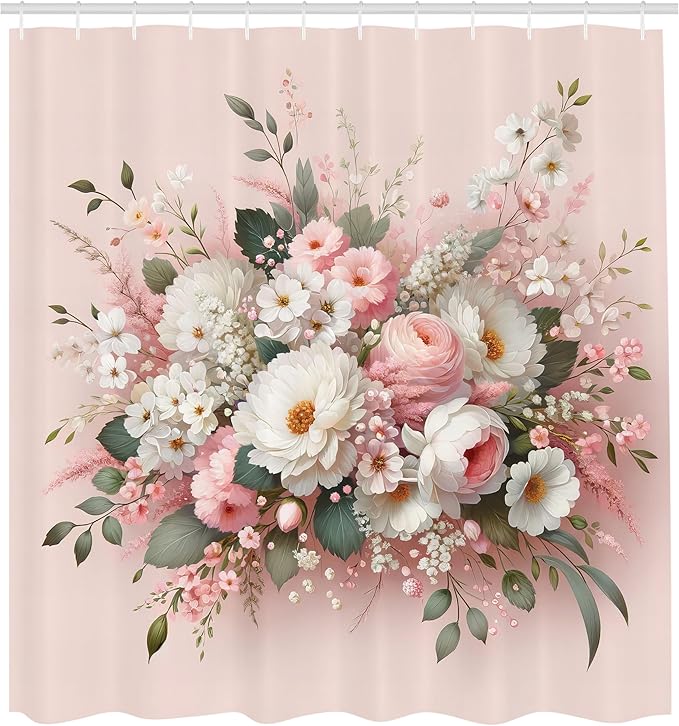 Ambesonne Floral Shower Curtain, Delicate Pink Bouquet of Spring Nature Blossoms Romantic Design Print, Cloth Fabric Bathroom Decor Set with Hooks, 69" W x 84" L, Rose Sage Green and White