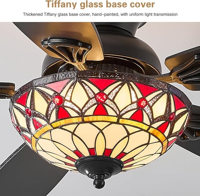 Tiffany Ceiling Fans with Lights - 48" Ceiling Fan Chandelier with 5 Dual-Blades and Glass Shade, 6 Speeds and Reversible, Indoor and Outdoor, Retro Style