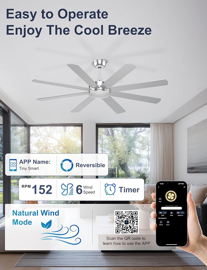 60'' Silver Ceiling Fan With No Lights for Indoor/Covered Outdoor | Remote/APP Control, 5980 CFM Airflow, Quiet DC Motor, Reversible Airflow, 8 Blades Modern Overhead Fan for Patio, Garage