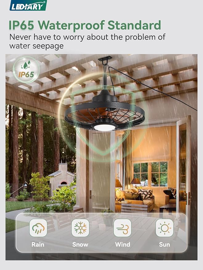 LEDIARY 20" Outdoor Ceiling Fan with Lights,IP65 Waterproof Gazebo Hanging Fan with Remote Control Smart App, Plug in Caged Ceiling Fan with 3CCT 6-Speeds for Patio Porch Pergola(Walnut)