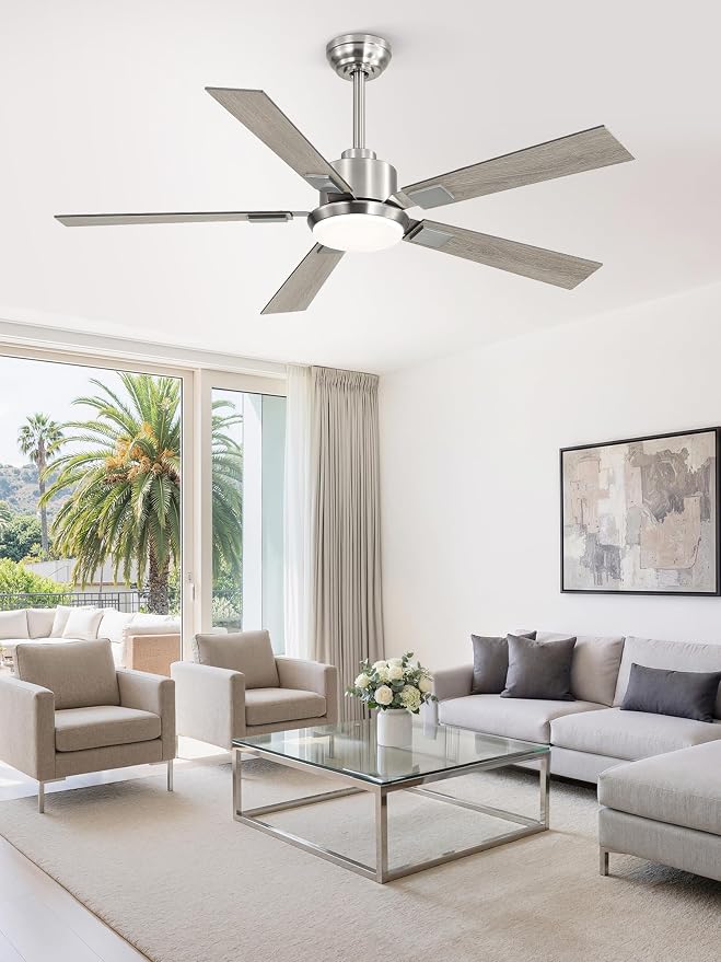 ZMISHIBO 52 inch Brushed Nickel Ceiling Fans with Lights and Remote, Indoor/Outdoor Modern Ceiling Fan for Bedroom Living Room Patio, 6 Speed Reversible Quiet DC Motor, 3 CCT, Dual Finish Blades
