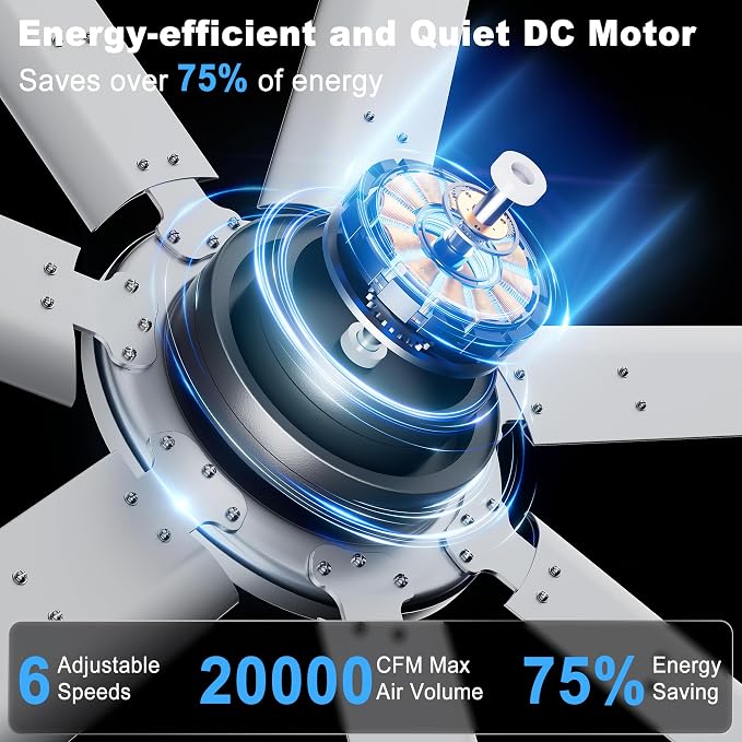 Ohniyou 108'' Industrial Ceiling Fan No Light for Warehouse, Silver | 20000 CFM Airflow, 7 Aluminum Blades, Remote/APP Control, 6 Speeds, Reverse Mode, Large Commercial Metal Fan for Barn, Shop